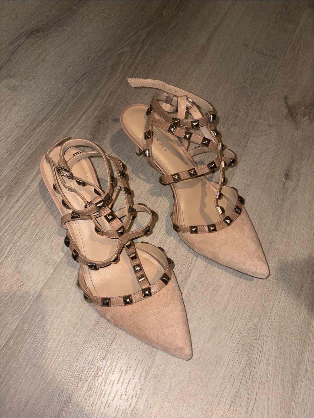 BCBGeneration Studded Pointed-Toe Strappy Heels in Nude Size 10W